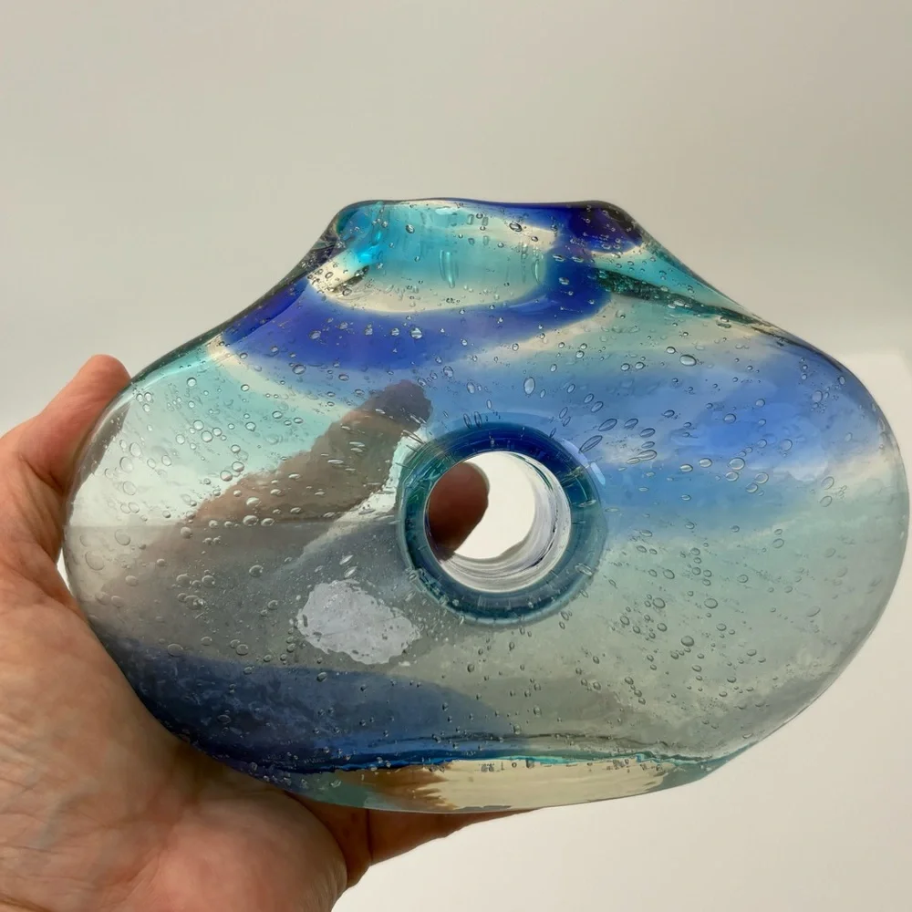 Vintage Blue and Clear Swirl  Glass Donut Vase - Picture 14 of 16